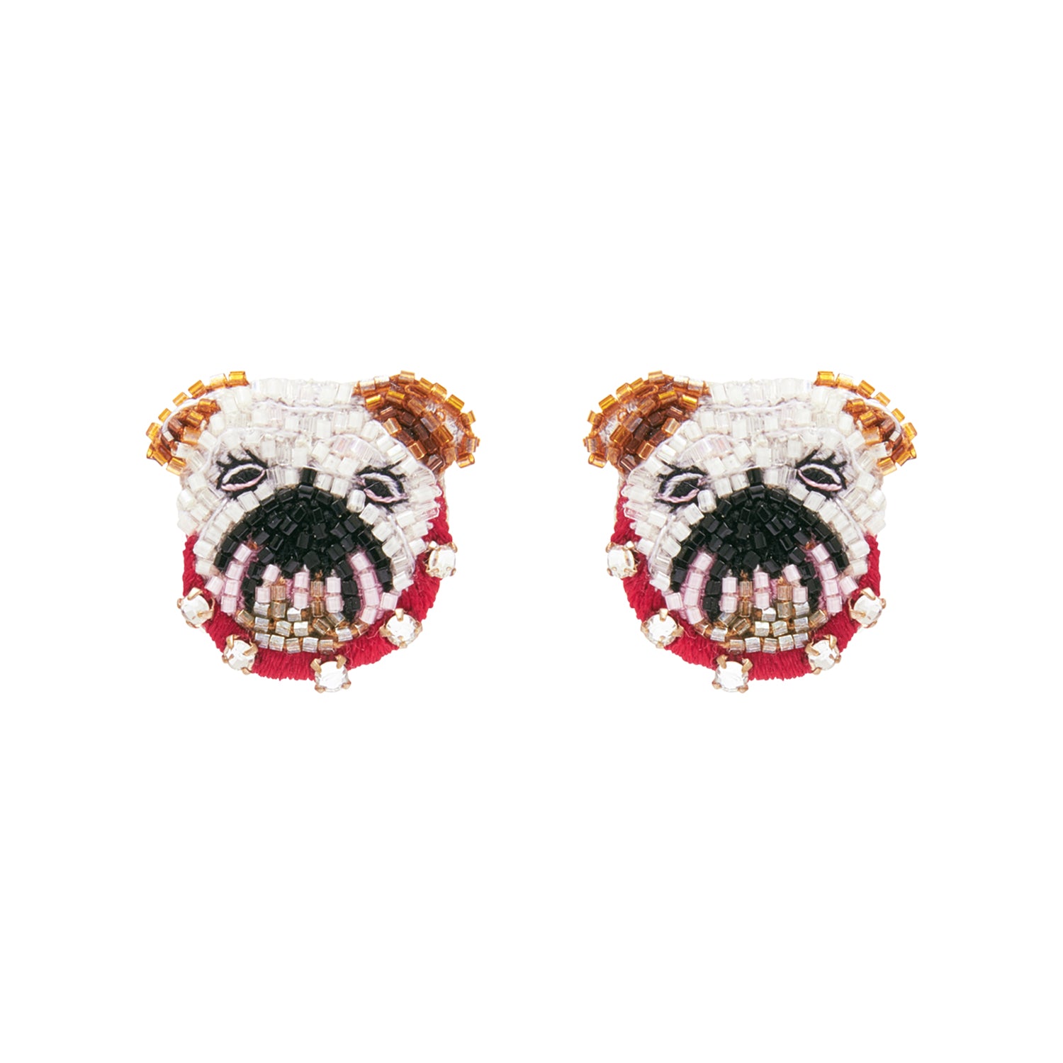 Red, Black, Brown, and White Beaded Bulldog Stud Earrings on Flat White Background