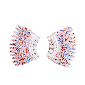 White Sequin Wing Earrings with Red and Blue Splatter Paint on White  Background