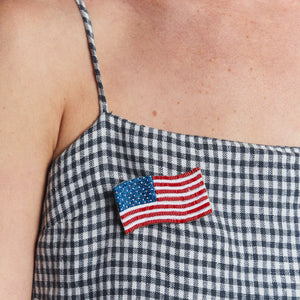 Beaded and Embroidered Red, White, and Blue American Flag Brooch Styled on Model