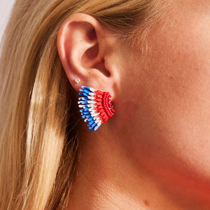 Red, White, and Blue Sequin and Bead Wing Stud Earrings on Model's Ear