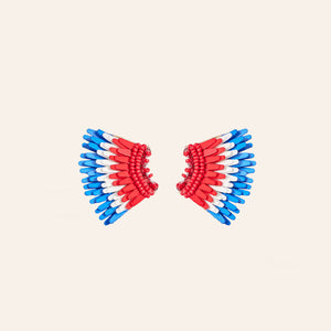 Red, White, and Blue Sequin and Bead Wing Stud Earrings on Tan Background