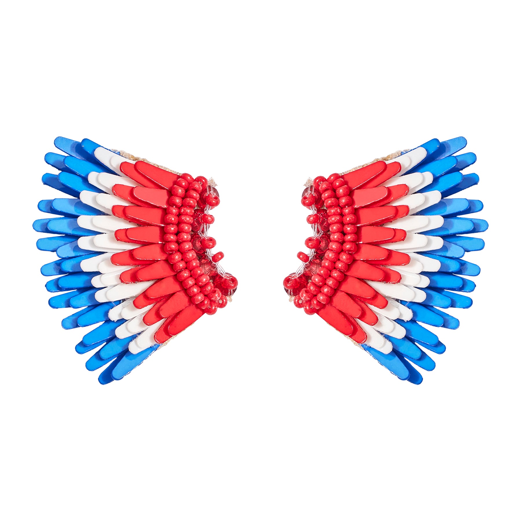Red, White, and Blue Sequin and Bead Wing Stud Earrings on White Background