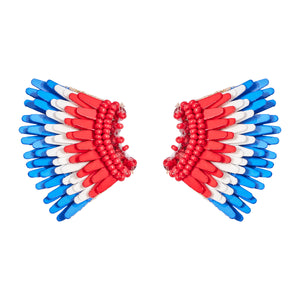 Red, White, and Blue Sequin and Bead Wing Stud Earrings on White Background