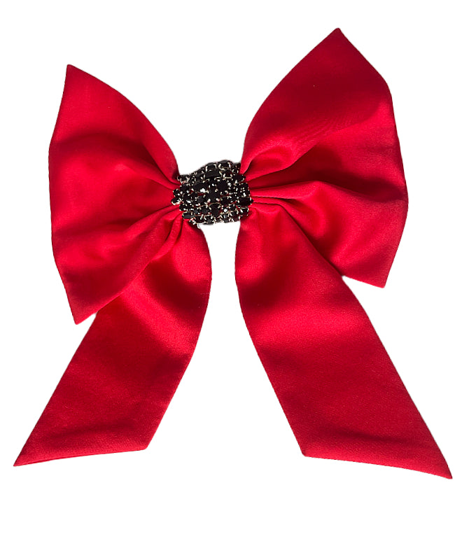 Red and Black Crystal Hair Bow on Flat White Background