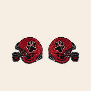 Red and Black Paw Print Embroidered Football Helmet Stud Earrings on Tan Background
