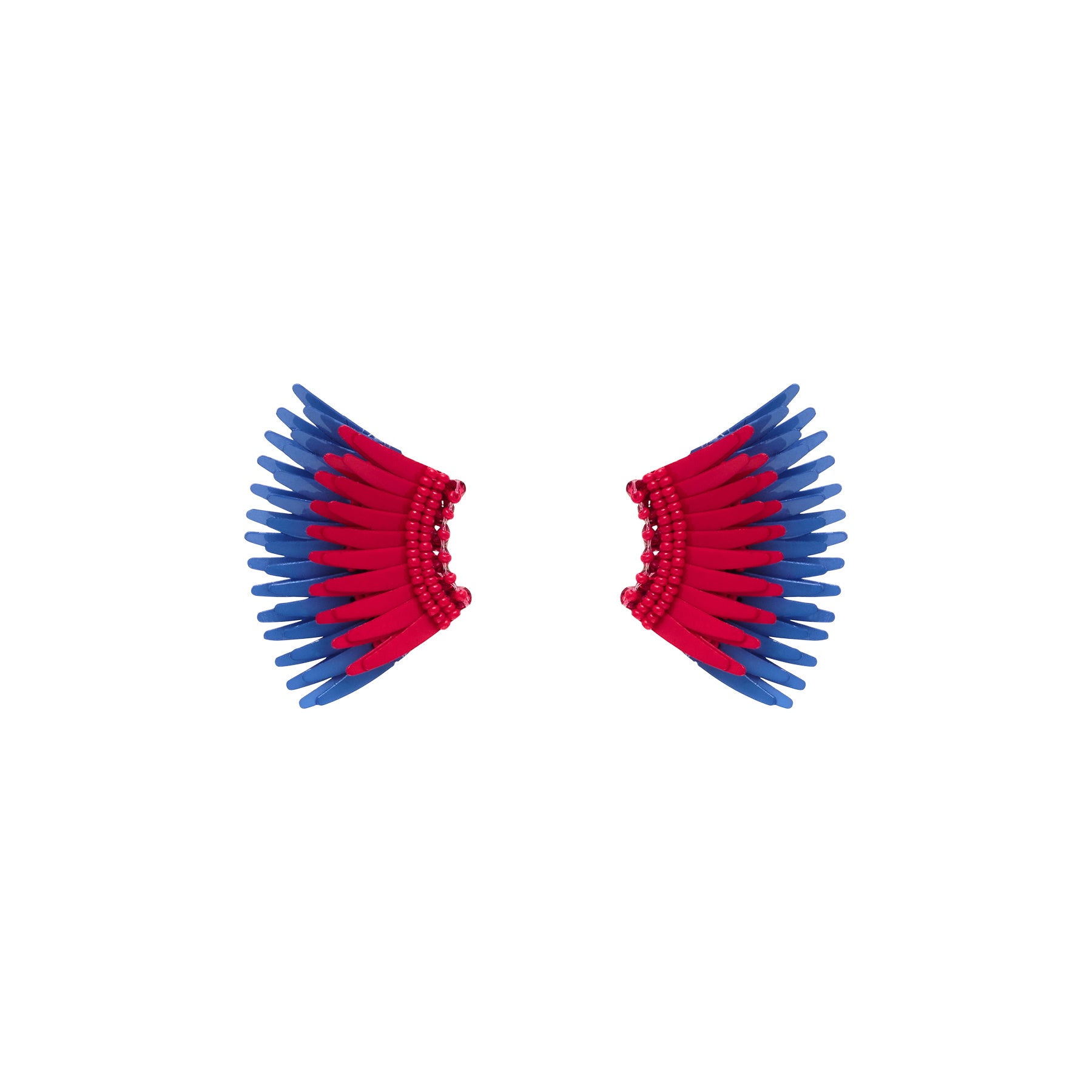 Red and Blue Sequin and Bead Wing Stud Earrings on Flat White Background