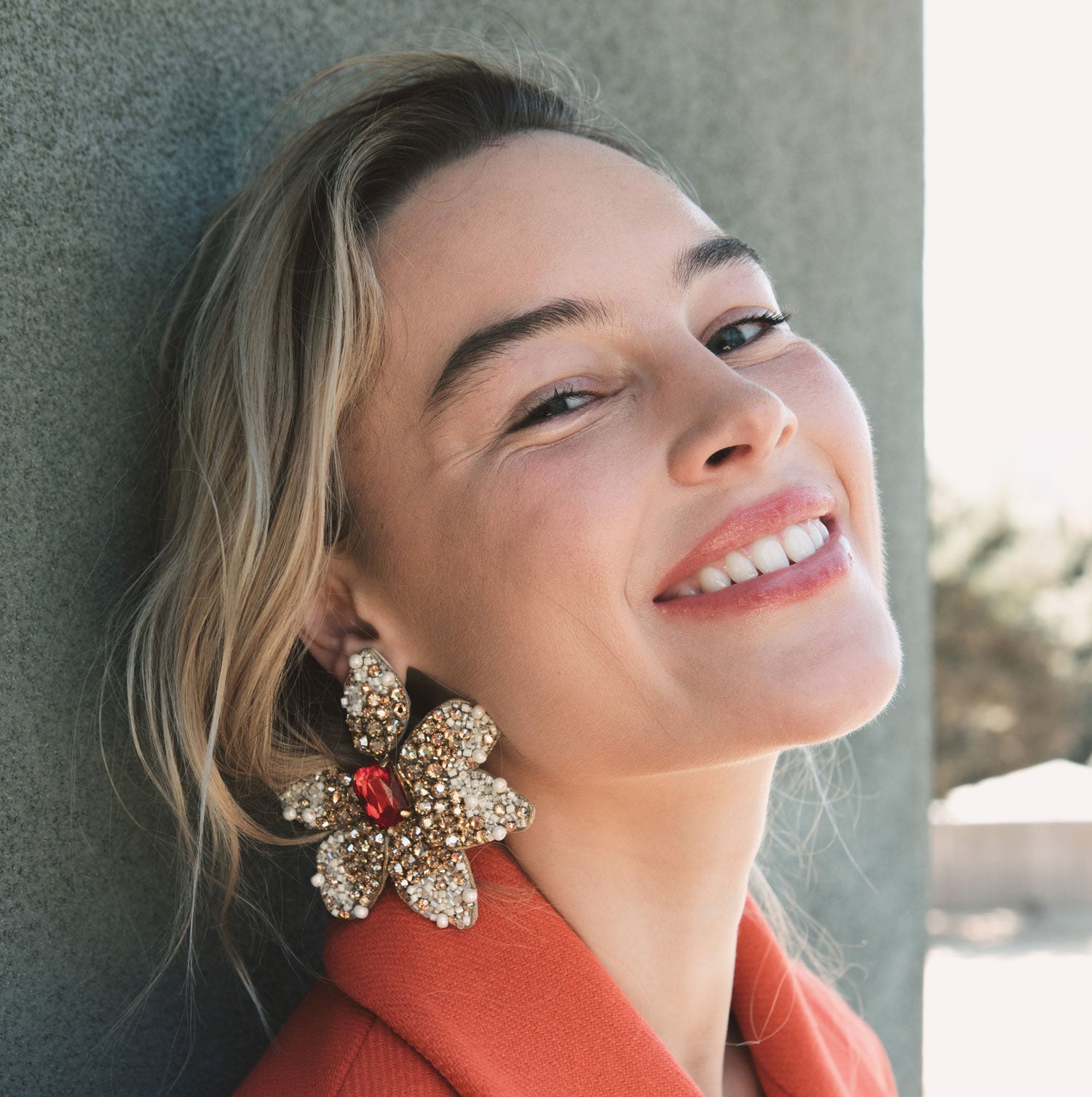 Red and Crystal Champagne and Pearl Flower Drop Earrings Styled on Model