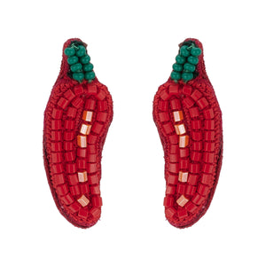 Red and Green Beaded Chili Pepper Stud Earrings on Flat White Background