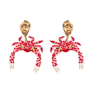 Red and Green Beaded Crab Earrings with White and Red Thread Embroidery with Gold Hardware Topper on White Background