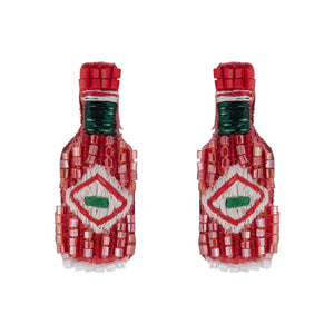Red, Green, and White Beaded Hot Sauce Stud Earrings on Flat White Background