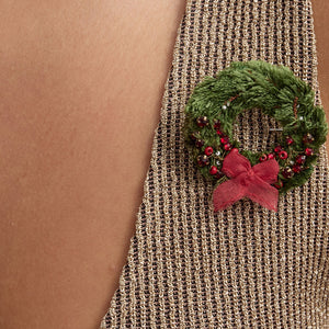 Green and Red Beaded and Embroidered Wreath Brooch on Model