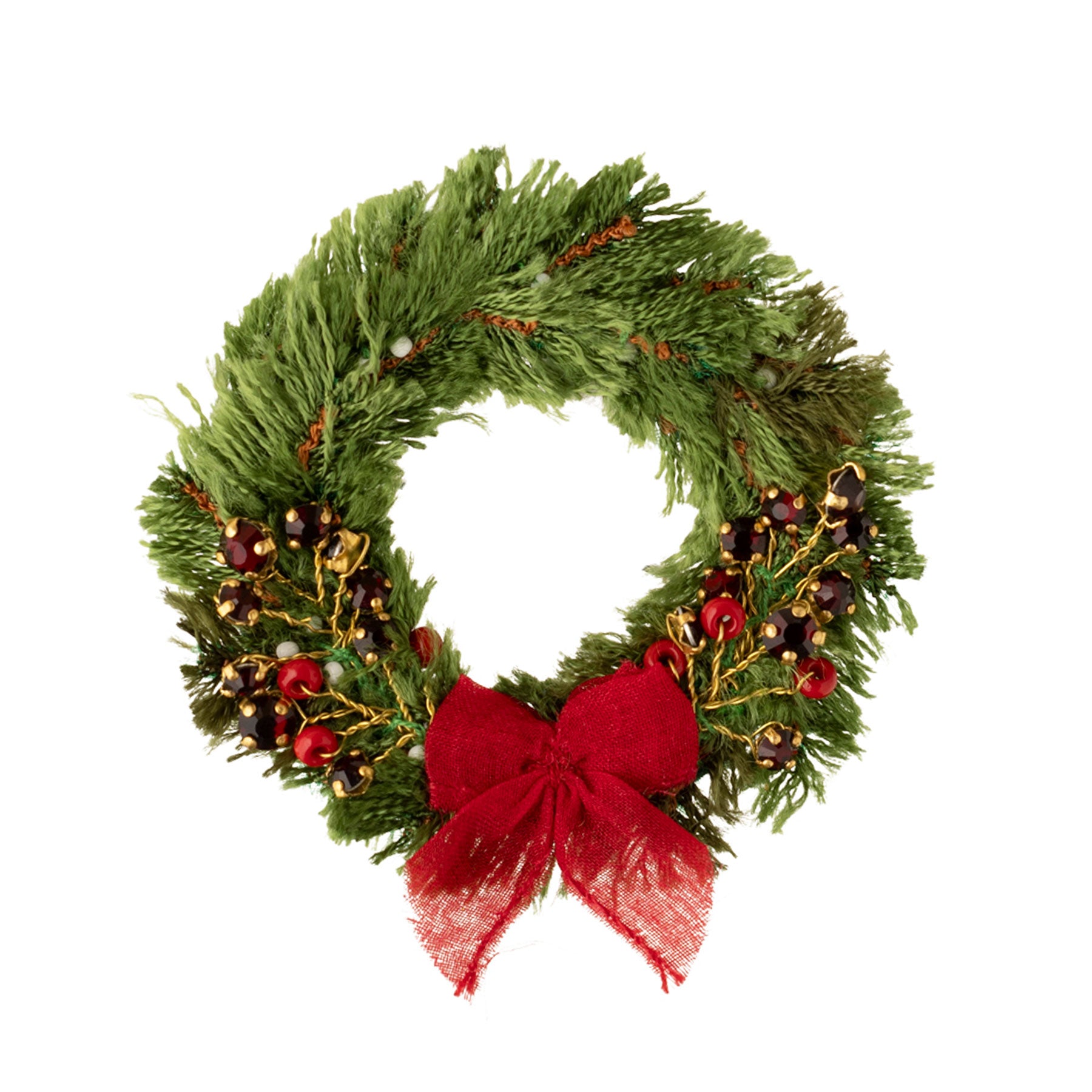 Green and Red Beaded and Embroidered Wreath Brooch on Flat White Background