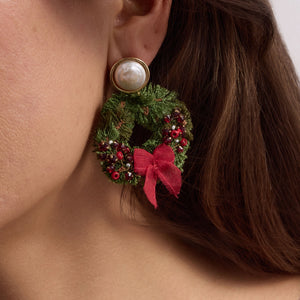 Red and Green Pearl Drop Wreath Earrings Styled on Model's Ear