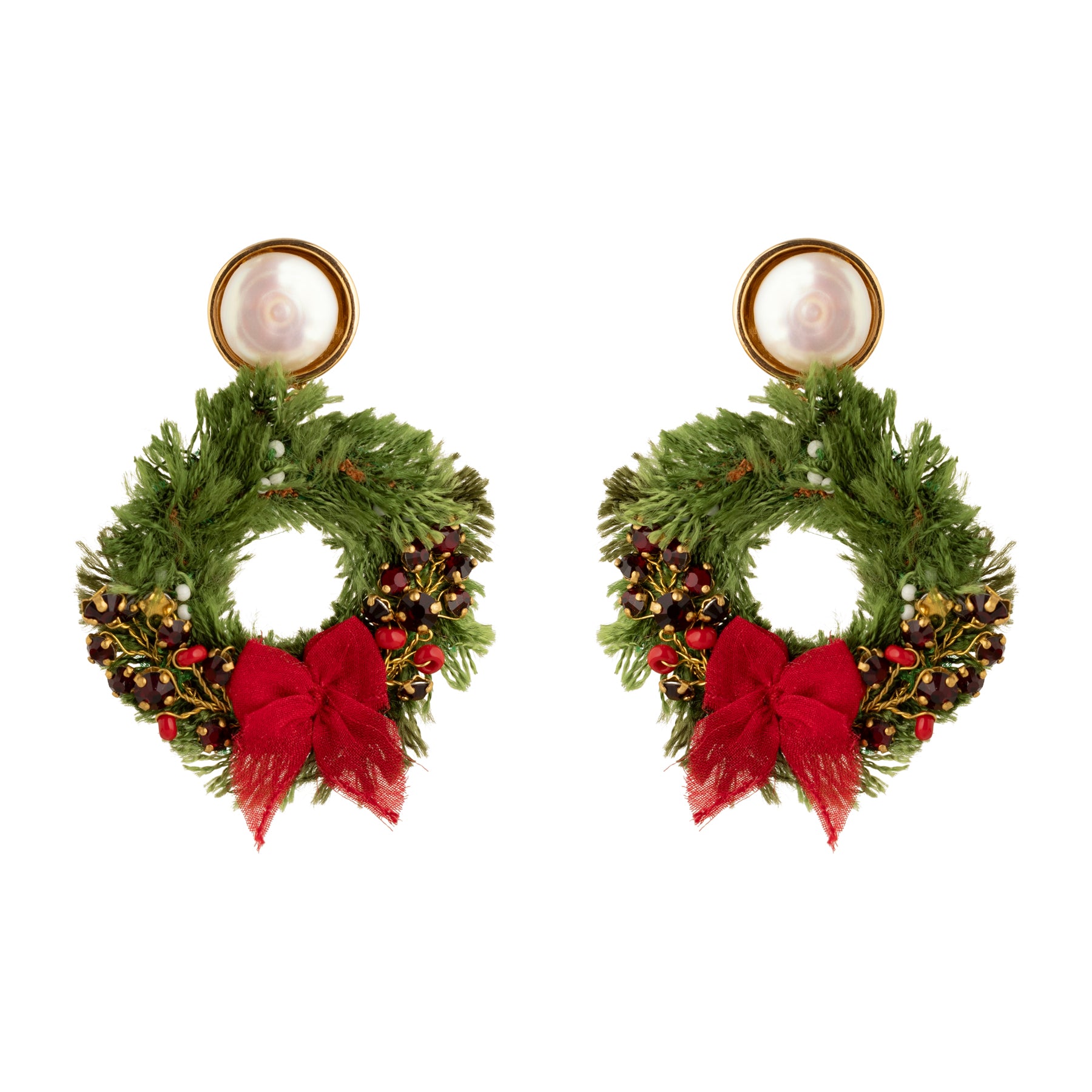 Red and Green Pearl Drop Wreath Earrings on Flat White Background