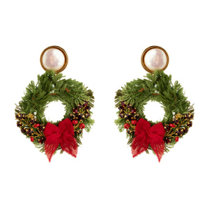 Red and Green Pearl Drop Wreath Earrings on Flat White Background