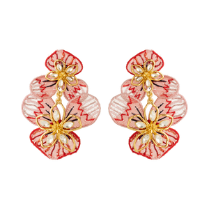 Red and Pink Flower Double Drop Earrings with Crystals and Beads on Flat White Background