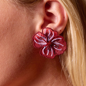 Red and Purple Beaded and Embroidered Flower Stud Earrings Styled on Model's Ear