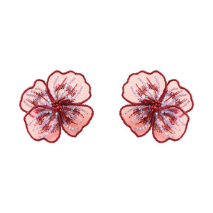 Red and Purple Beaded and Embroidered Flower Stud Earrings on Flat White Background