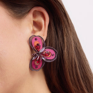 Red and Purple Bead and Sequin Embroidered Flower Stud Earrings on Model