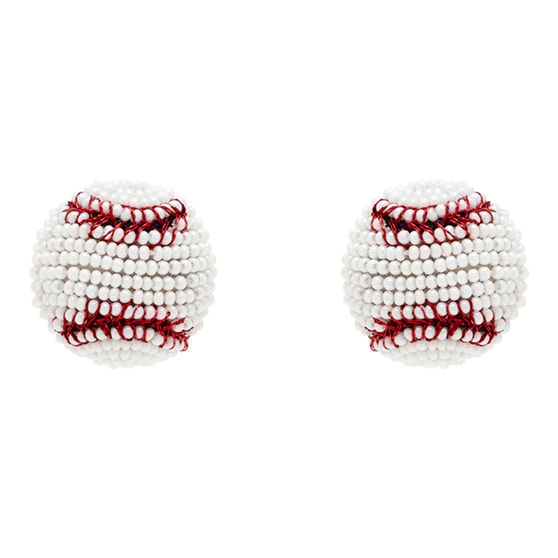 Red and White Beaded Baseball Stud Earrings on Flat White Background