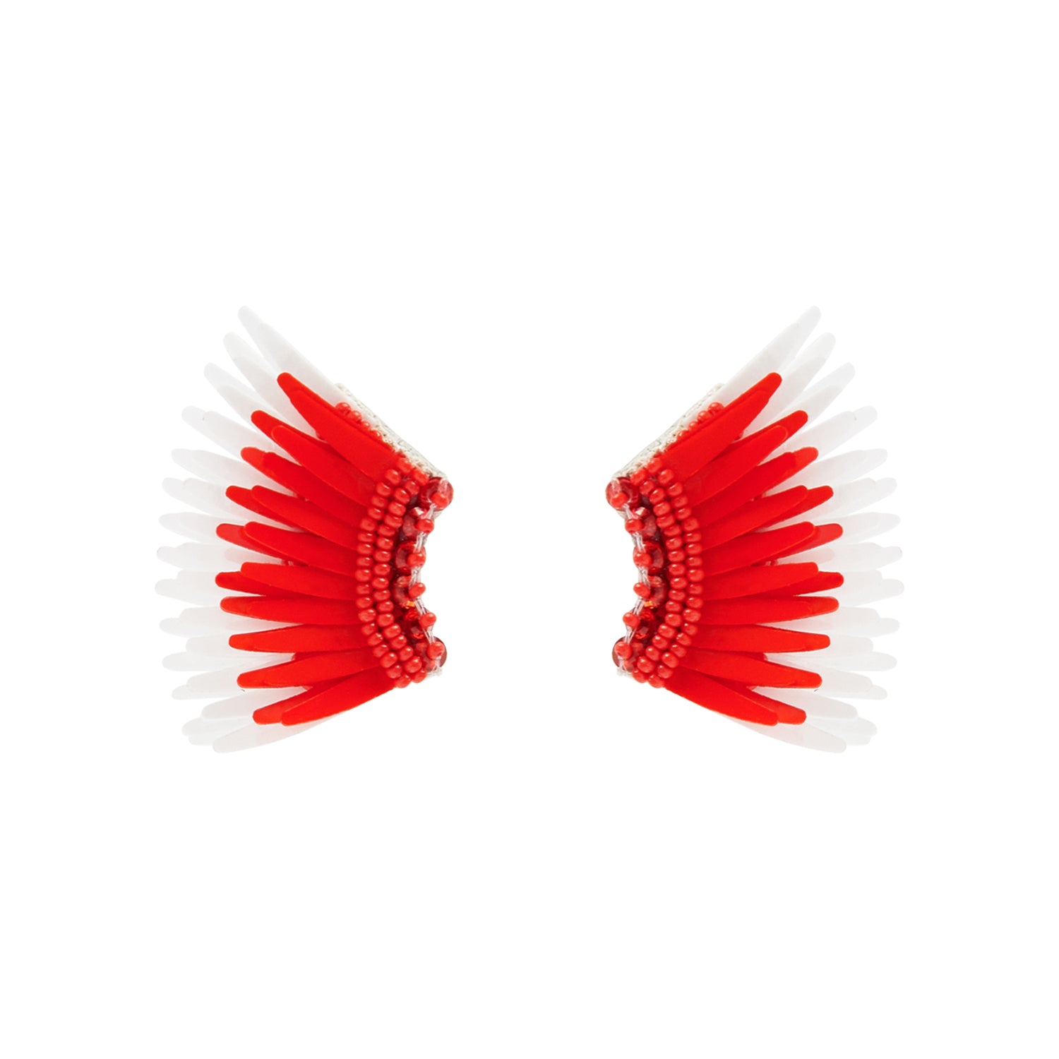 Red and White Sequin and Bead Wing Stud Earrings on Flat White Background
