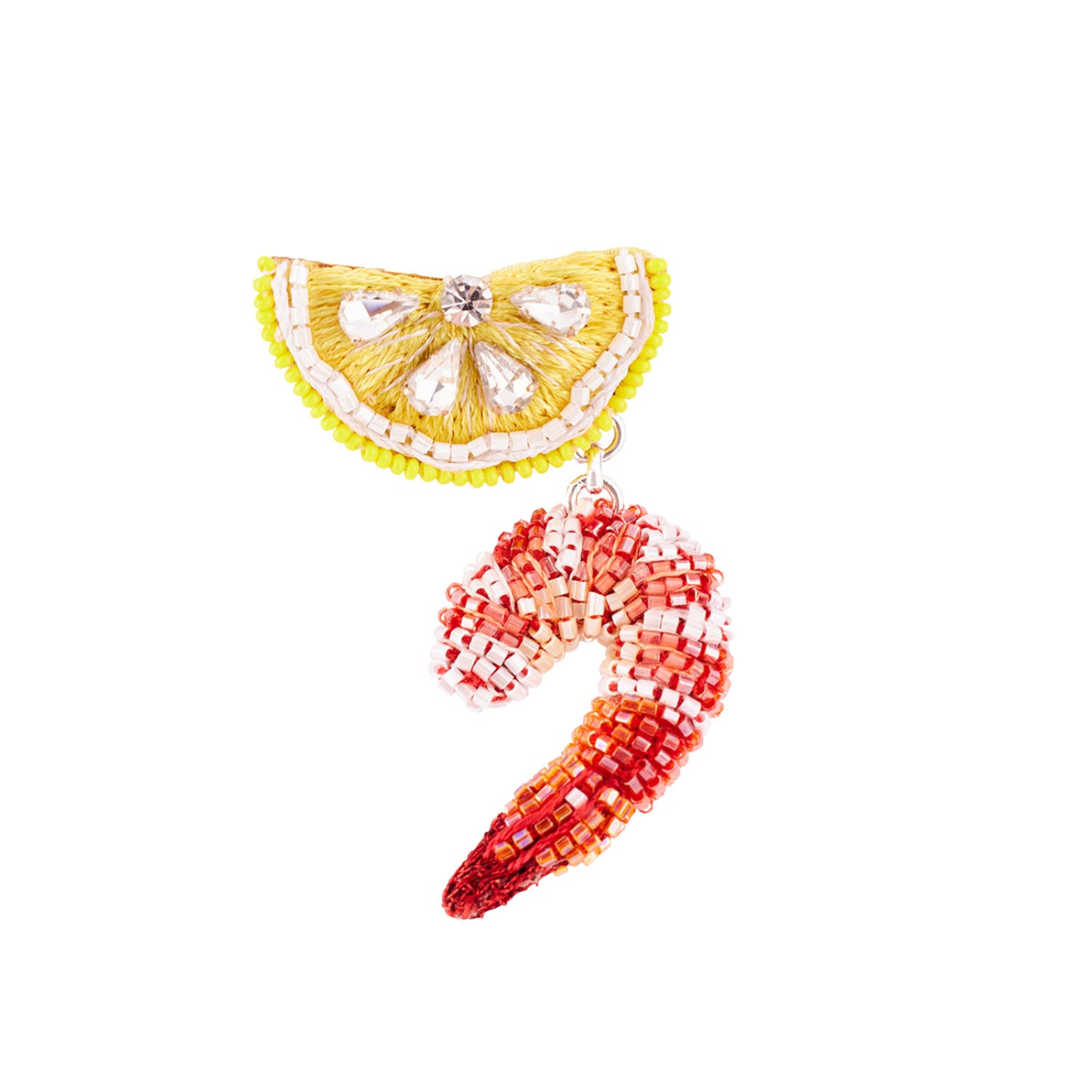 Yellow and Red Beaded Lemon Wedge and Shrimp Cocktail Brooch on Flat White Background