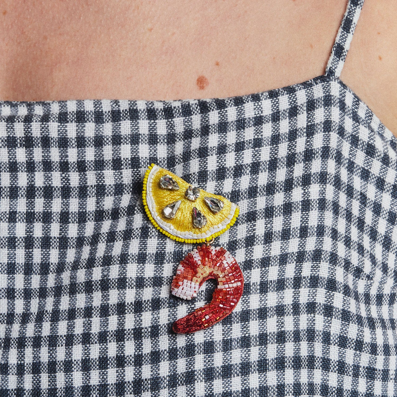 Yellow and Red Beaded Lemon Wedge and Shrimp Cocktail Brooch Styled on Model