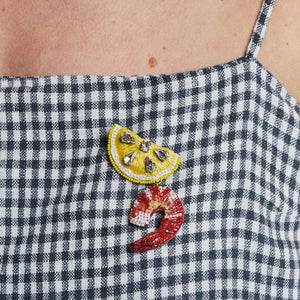 Yellow and Red Beaded Lemon Wedge and Shrimp Cocktail Brooch Styled on Model