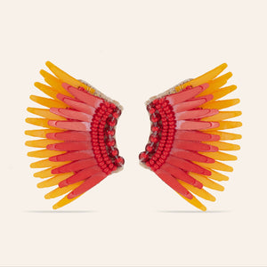 Red and Yellow Sequin Wing Stud Earrings on Tan Background