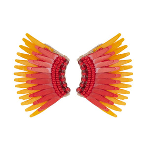 Red and Yellow Sequin Wing Stud Earrings on Flat White Background