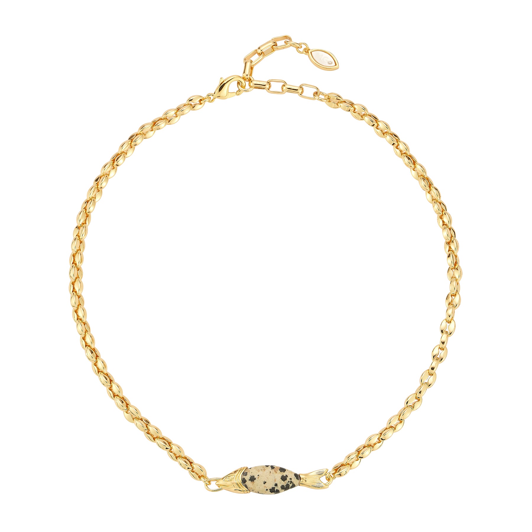 Gold chain necklace with a unique clasp on a white background