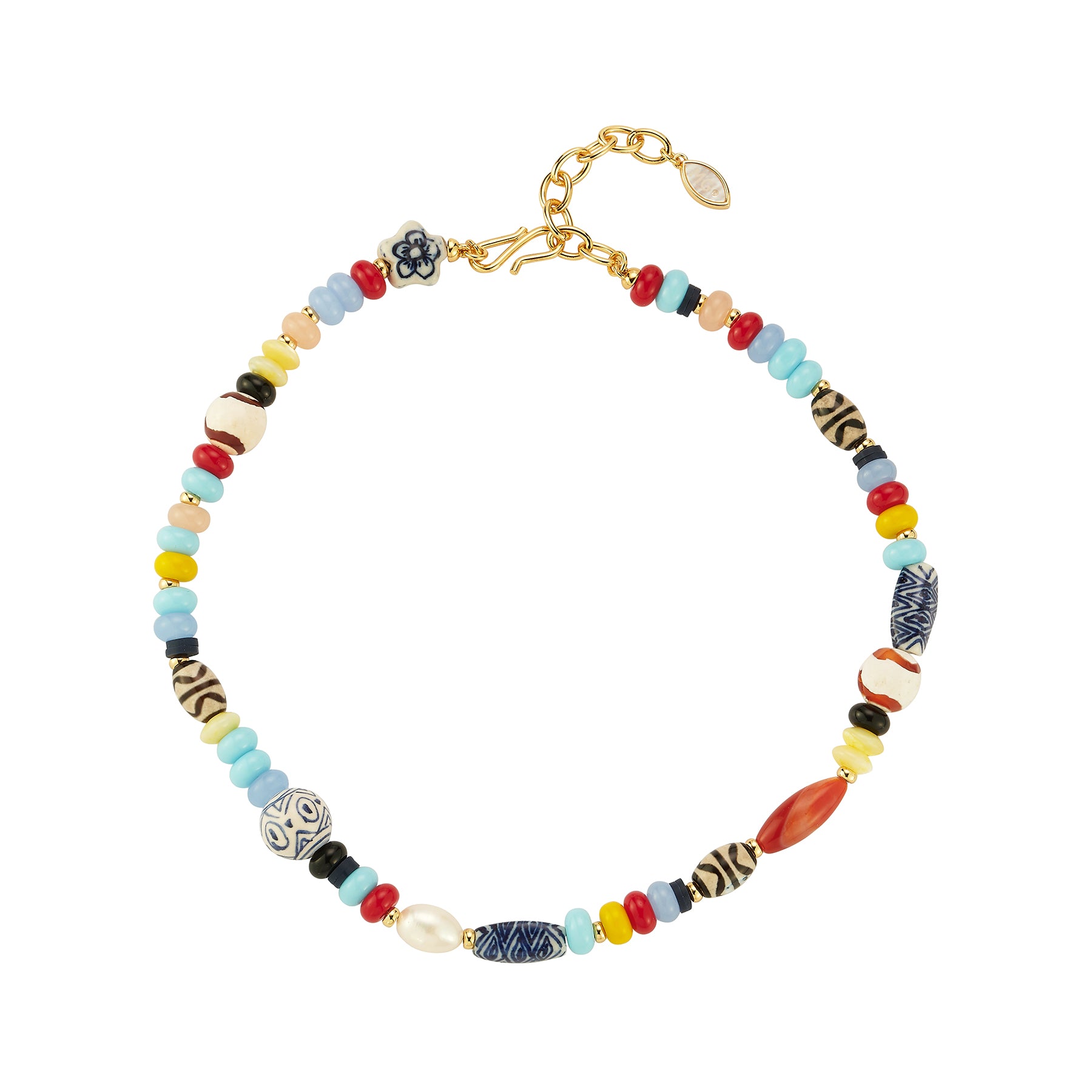 A colorful beaded necklace with a gold-tone clasp, featuring a variety of small beads in red, light blue, yellow, white, black, and patterned designs, displayed on a clean white background.