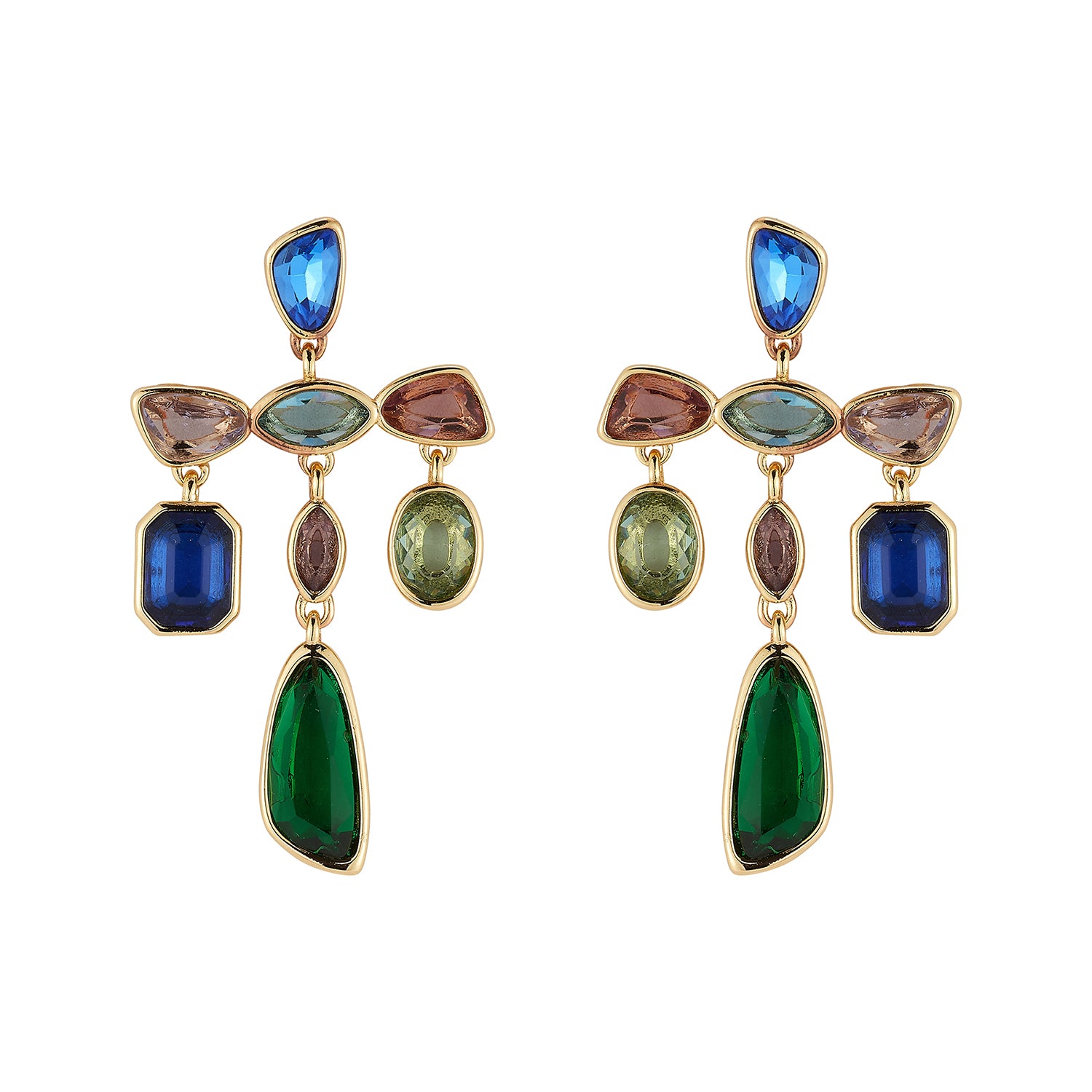 Colorful gold-tone statement earrings featuring blue, green, and clear faceted stones in a playful geometric design on white
