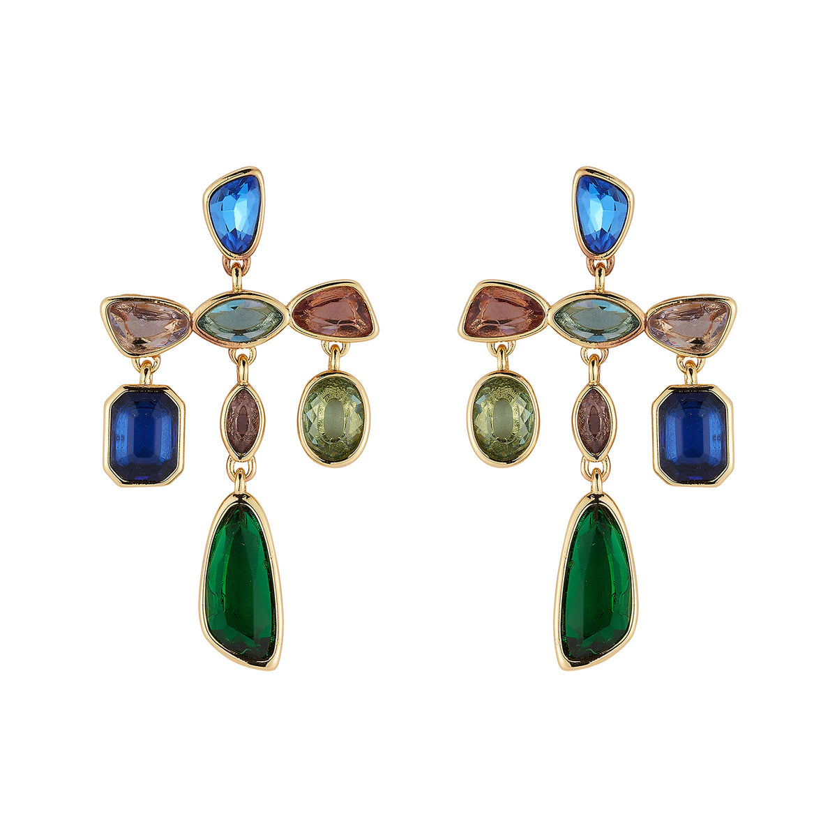 Colorful gold-tone statement earrings featuring blue, green, and clear faceted stones in a playful geometric design on white