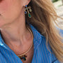 Colorful gold-tone statement earrings featuring blue, green, and clear faceted stones in a playful geometric design on Mignonne Gavigan 