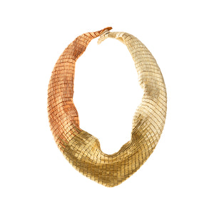 Rose Gold, Gold, and Bronze Beaded Scarf Necklace on White Background