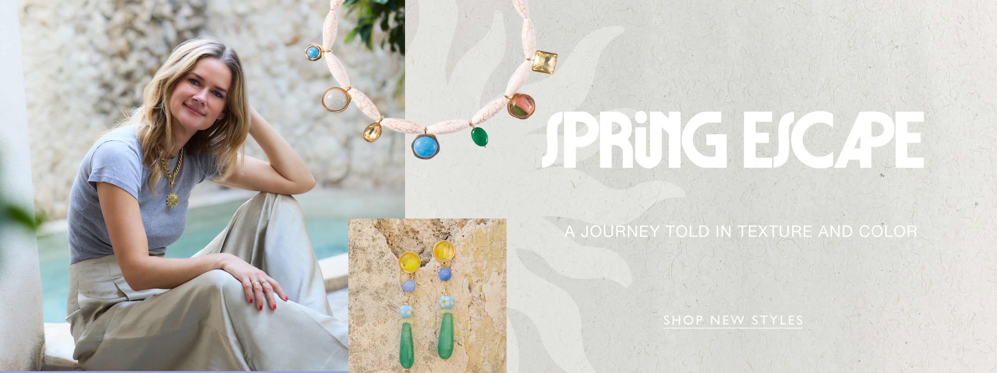 Woman sitting by a pool with a colorful necklace, 'Spring Escape' text on a gray background