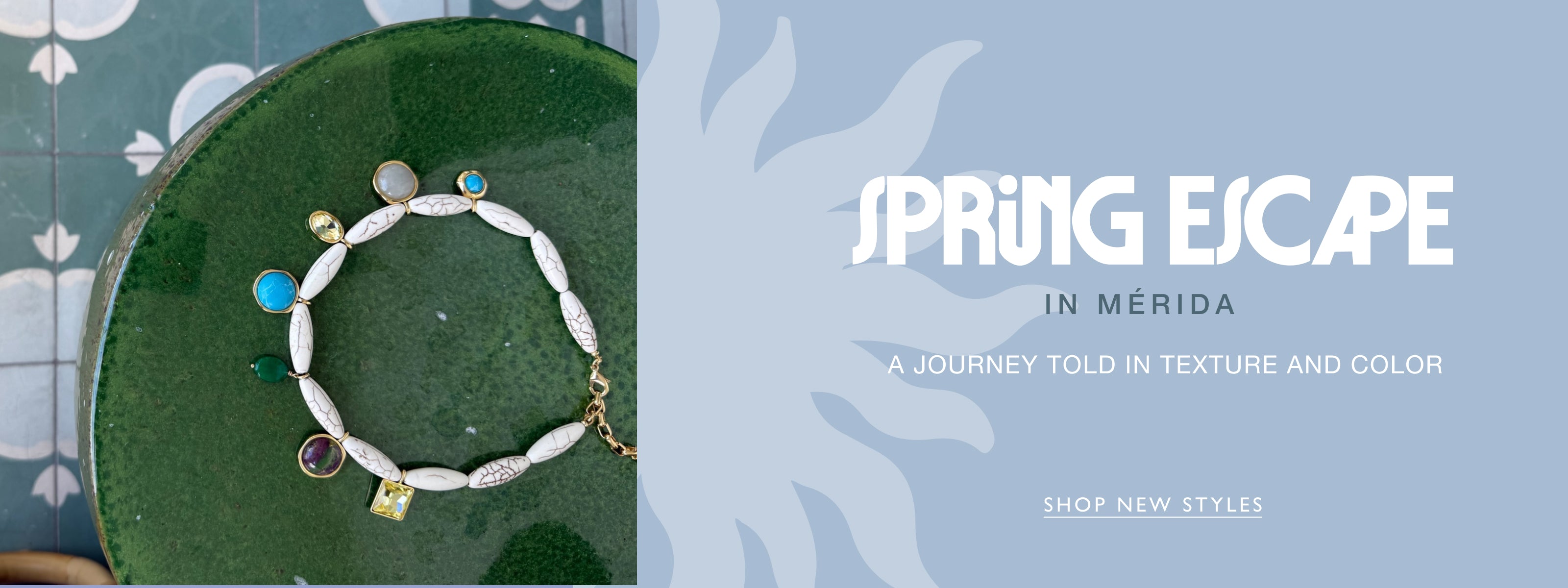 Bracelet with decorative elements on a green surface, with 'Spring Escape' text on a blue background.