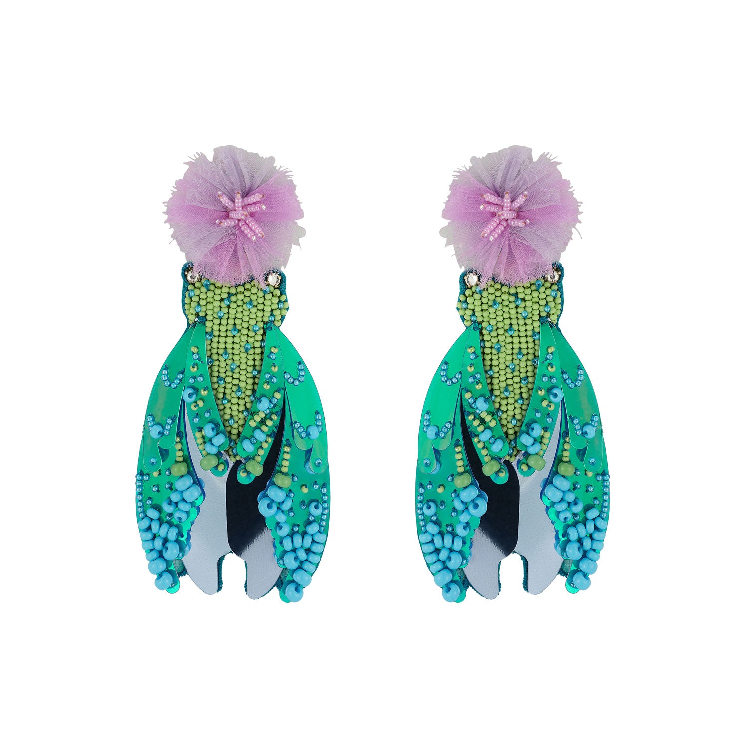 Colorful beaded earrings with floral tops on a white background