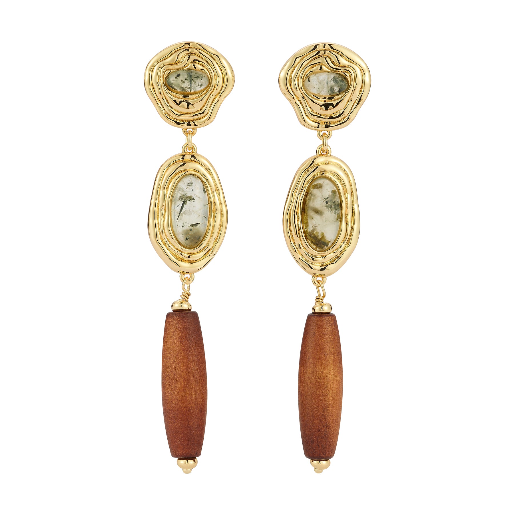 Pair of gold earrings with wooden beads on a white background