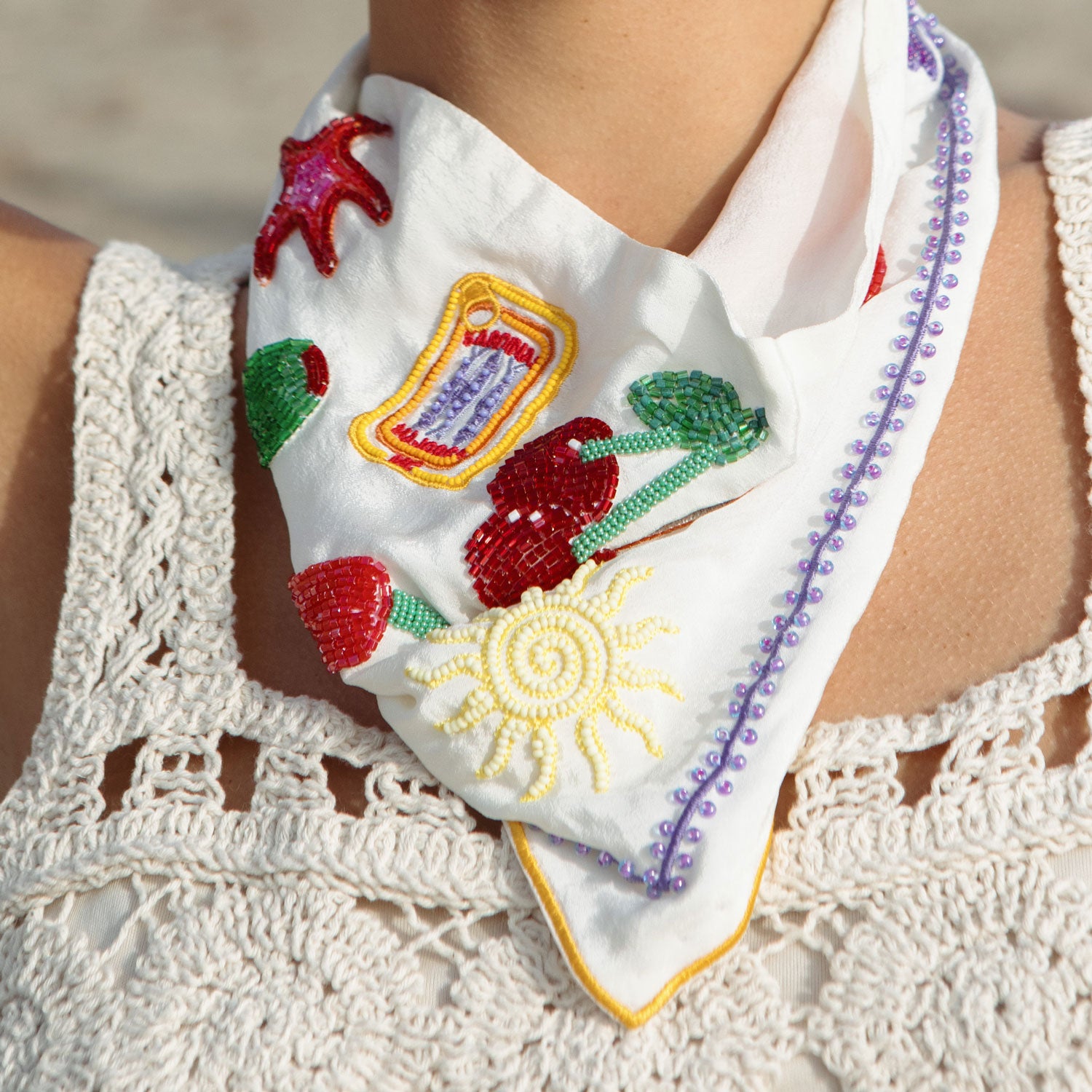 Coastal Motif Embroidered Bandana Styled on Model