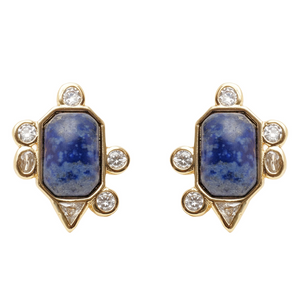 Blue Stone and Clear Crystal Stud Earrings on Flat White Background