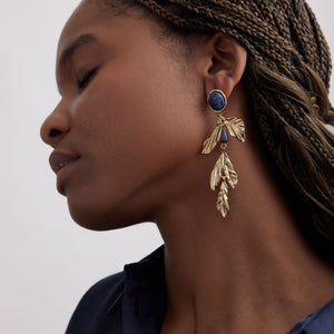 Stone and Gold Drop Earrings Styled on Model