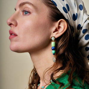 Blue and Green Beaded Earrings Styled on Model