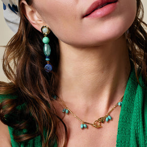 Blue and Green Beaded Earrings Styled on Model