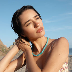 Blue Beaded Collar Styled on Model at the Beach