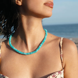 Blue Beaded Collar Styled on Model at the Beach