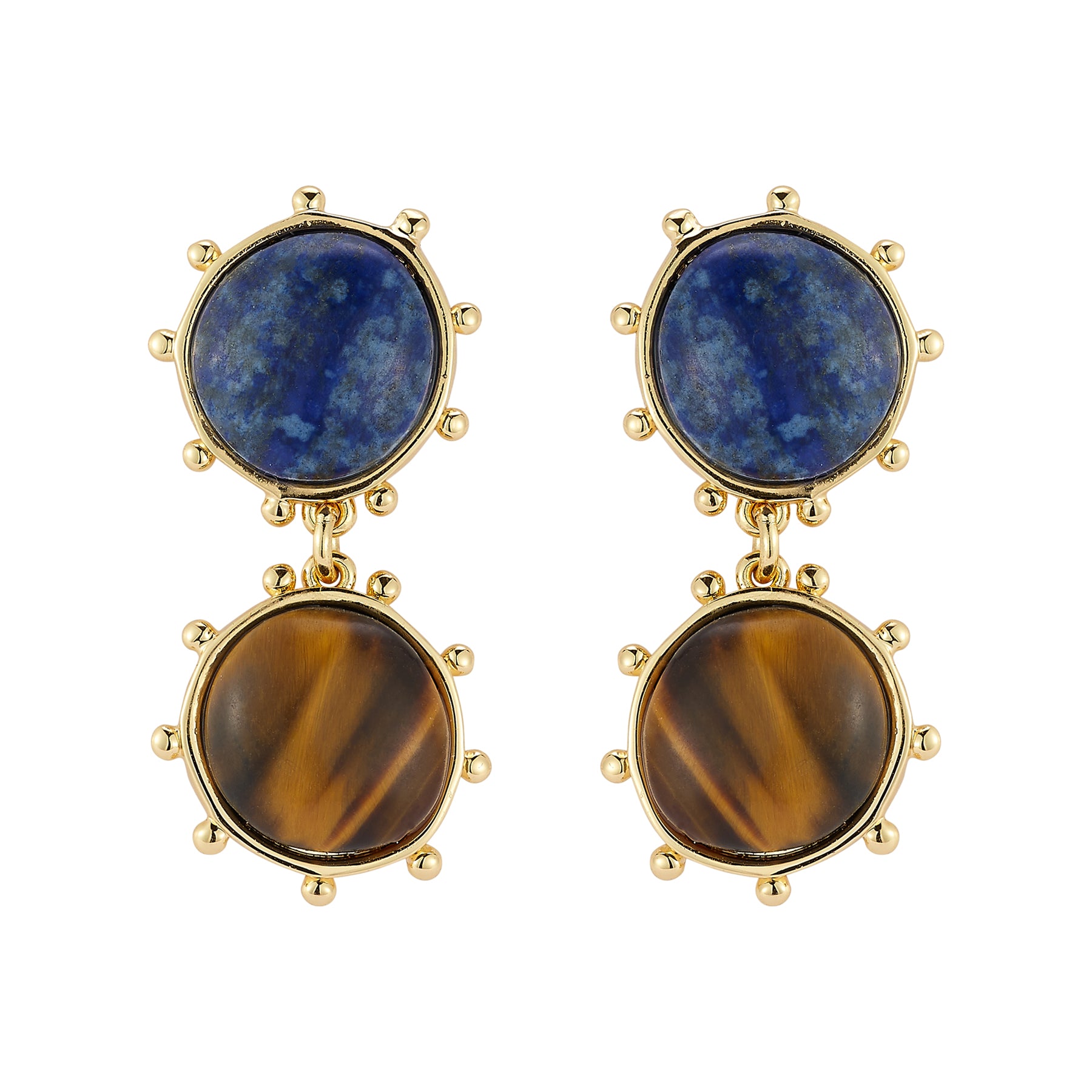 Pair of Double Drop Earrings with Blue and Brown Stones on Flat White Background