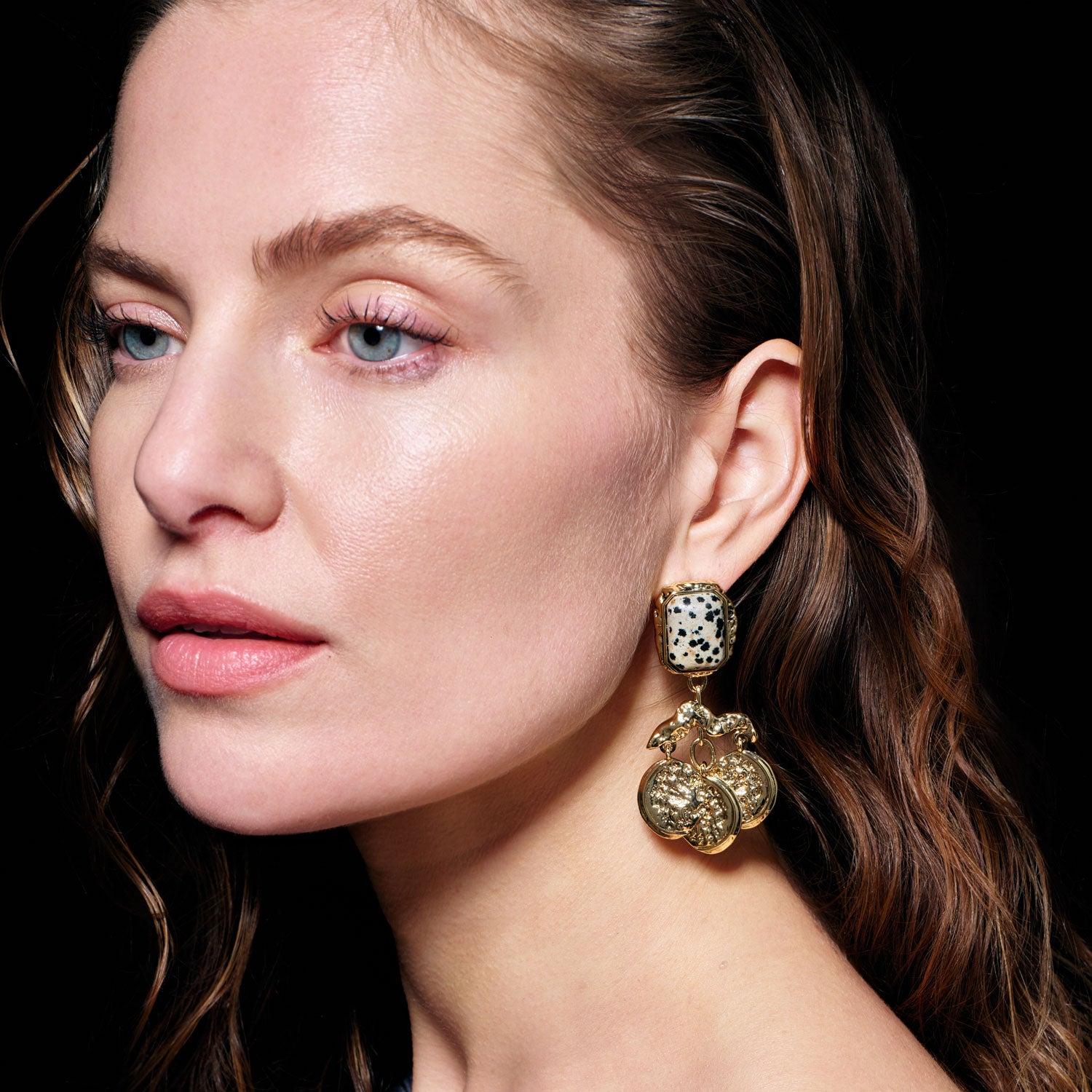 Stone and Gold Coin Drop Earrings Styled on Model