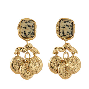 Stone and Gold Coin Drop Earrings on Flat White Background